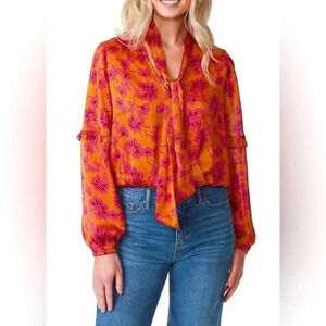 Jessica Simpson Blouse Marisol Orange Magenta Long Sleeve NWT Botanical Pebbles
